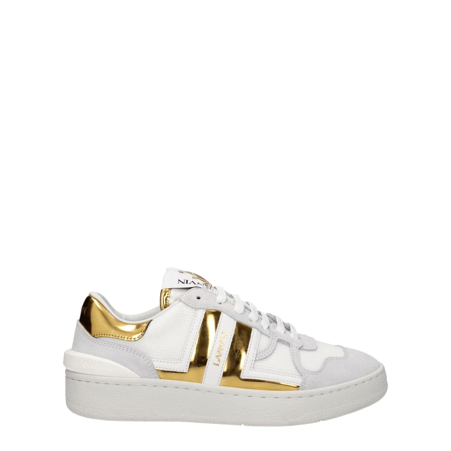 Lanvin White Fabric Low Top Sneakers with gold accents, featuring a leather upper, rubber sole, and lace-up closure.