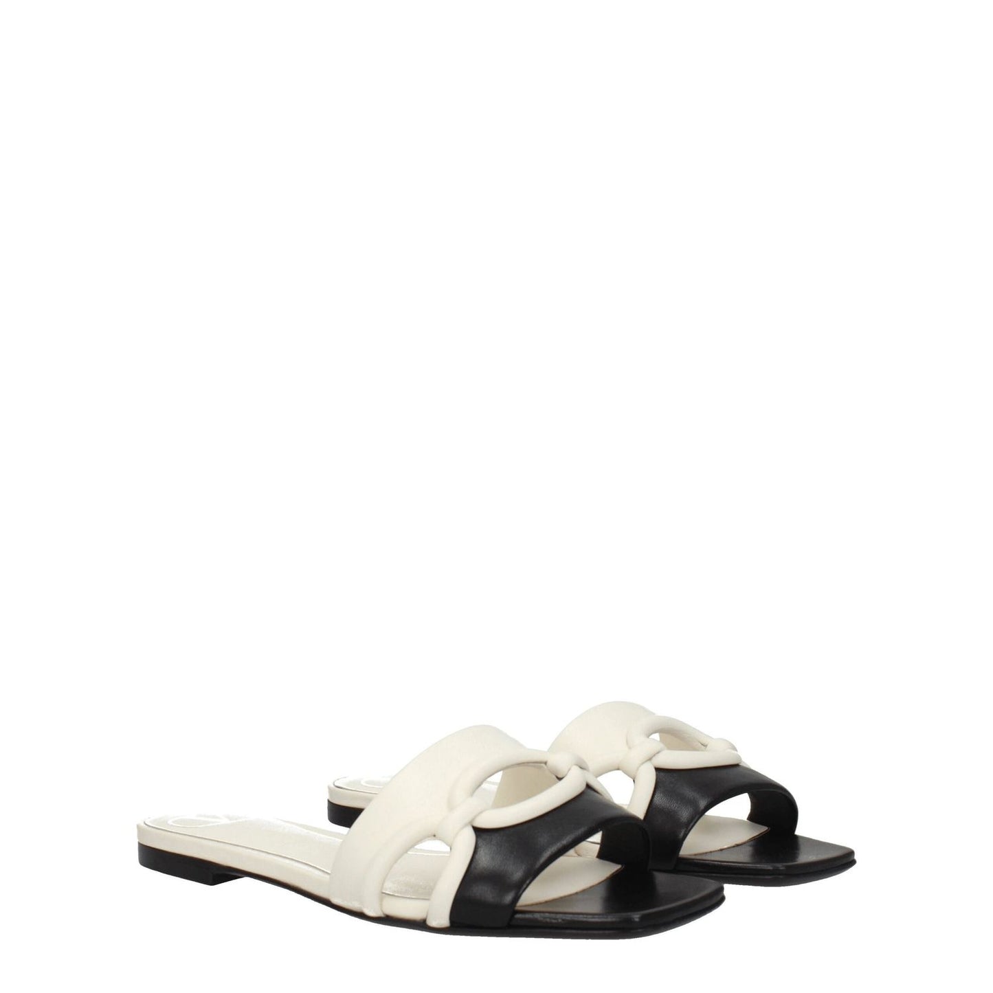 Valentino Garavani Black Leather Slippers with ivory accents, open toe, low flat heel, style S0GH7ZUC790 for casual wear.