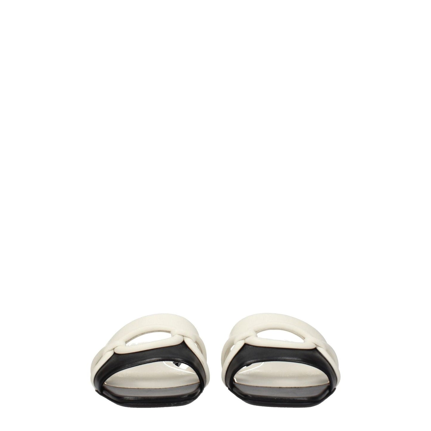 Valentino Garavani Black Leather Slippers with ivory trim, open toe, and low flat heel for casual style.