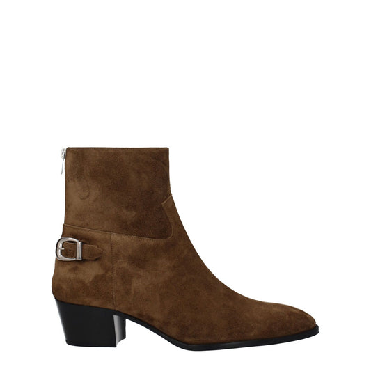 Celine Brown Leather Ankle Boots with vintage effect, suede upper, zip closure, 5 cm mid heel, round toe, casual style, silver details.