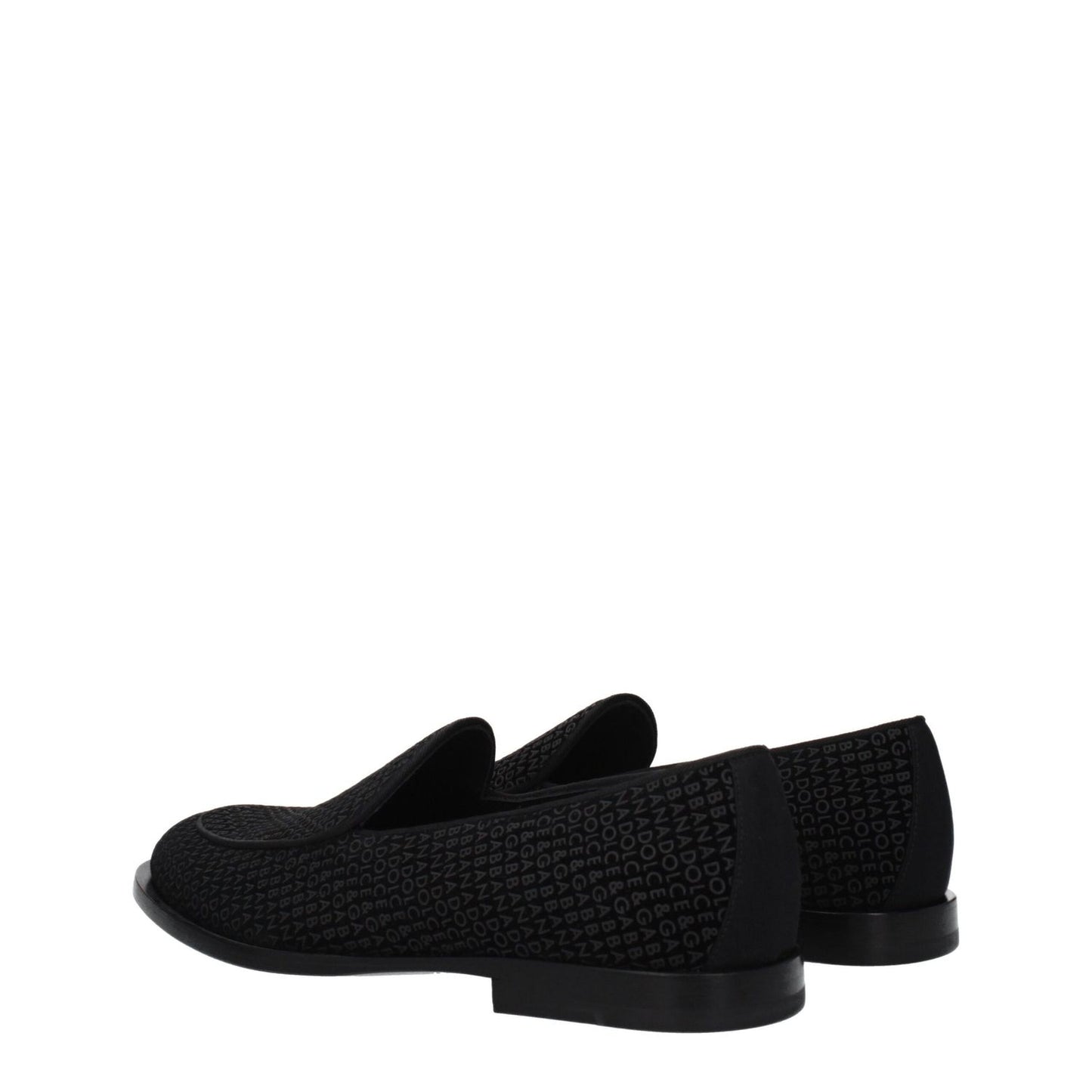 Dolce & Gabbana Black Velvet Slip-On Loafers with logo design, leather sole, and round toe, side view.