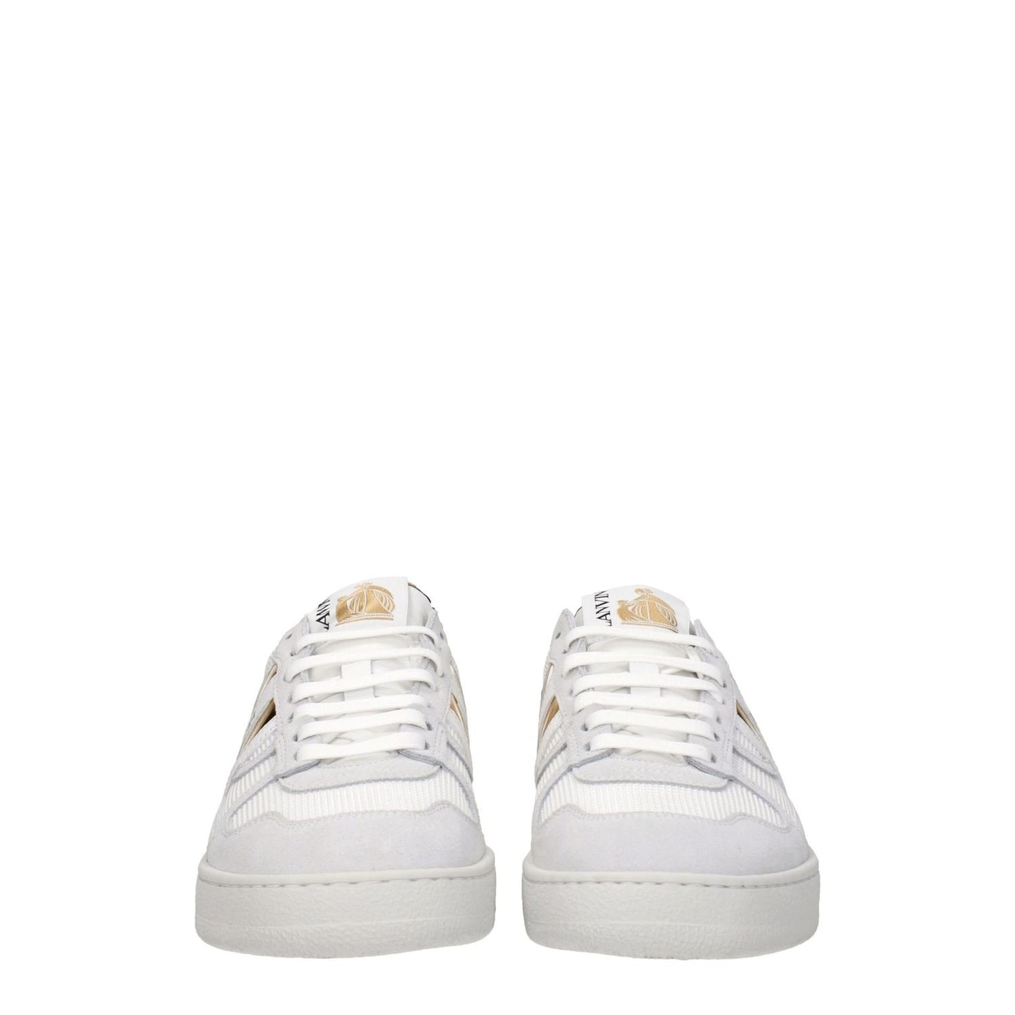 Alt Tag: Lanvin White Fabric Low Top Sneakers with front and back logo, lace-up closure, round toe, leather material, and rubber sole.