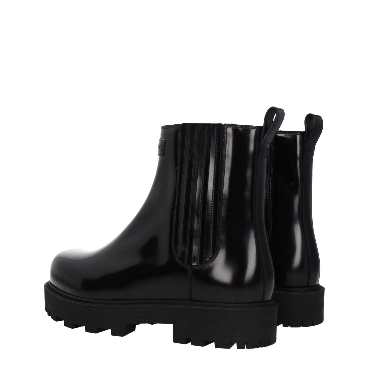 Givenchy Black Leather Ankle Boots with logos, rubber sole, and mid heels, style BH7016H1LQ001, casual round toe design.