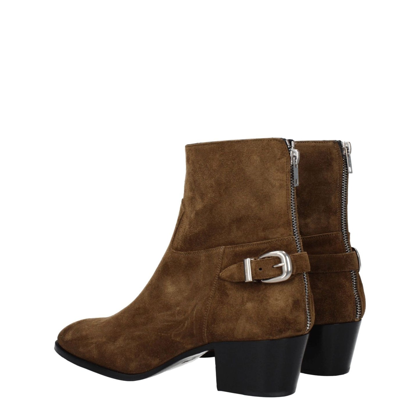 Celine Brown Leather Ankle Boots with suede texture, vintage effect, zip closure, and mid heels, featuring silver details and taupe accents.