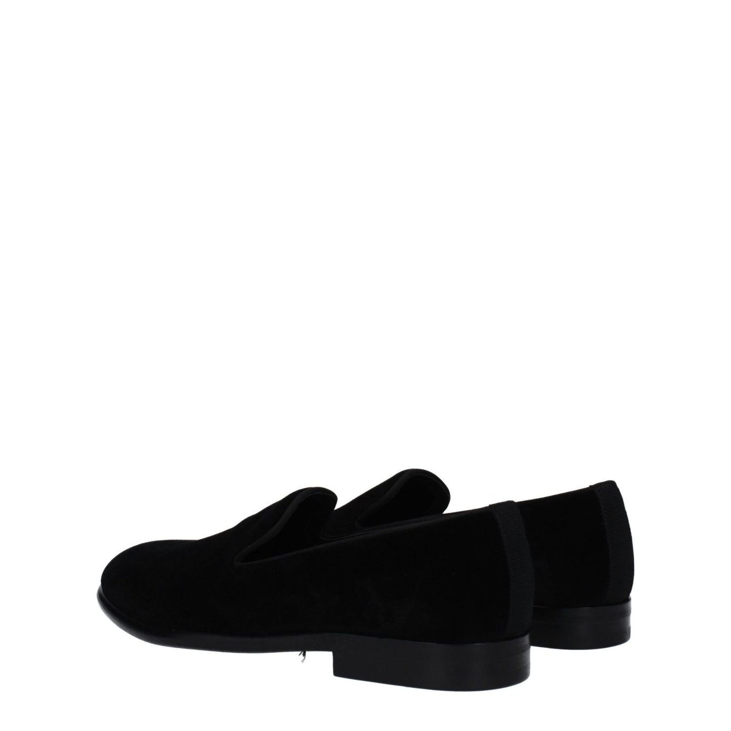 Dolce & Gabbana Black Velvet Slip-On Loafers with round toe and leather sole, viewed from the side.