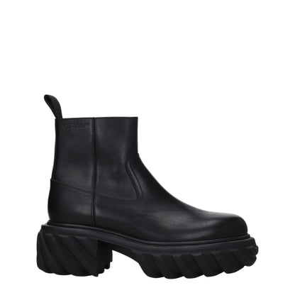 Off-White Black Leather Ankle Boots with side logo, zip closure, mid heels, rubber sole, round toe; MPN OMID029LEA0011010.