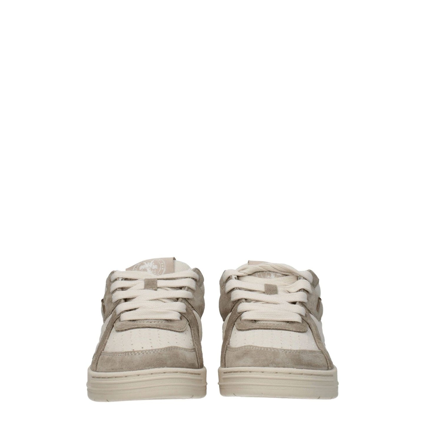 Palm Angels Beige Fabric Low Top Sneakers with lace-up closure and front logo, featuring a suede finish and rubber sole.