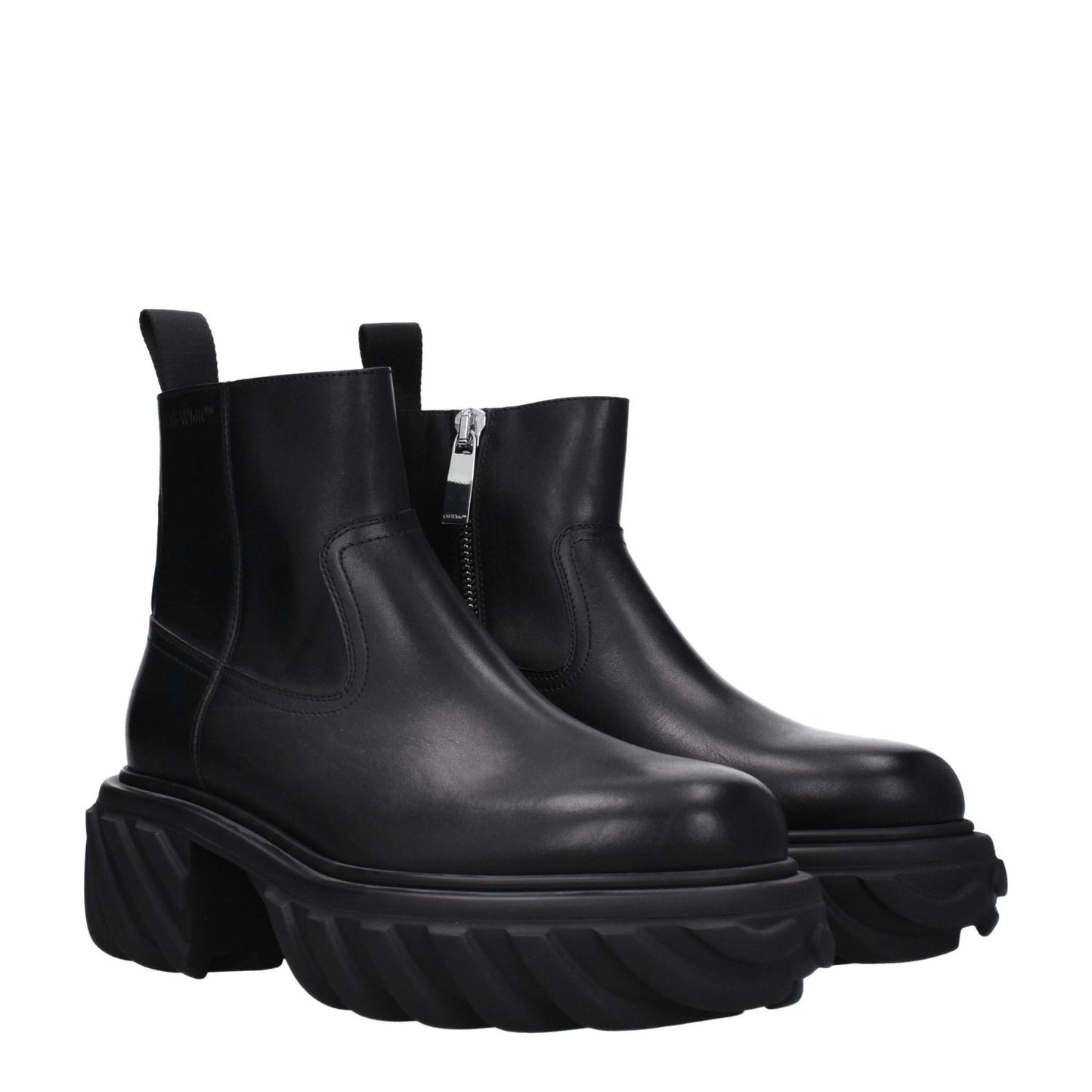 Off-White Black Leather Ankle Boots with side logo and zip closure, mid heels, round toe, rubber sole, stylish and durable footwear.
