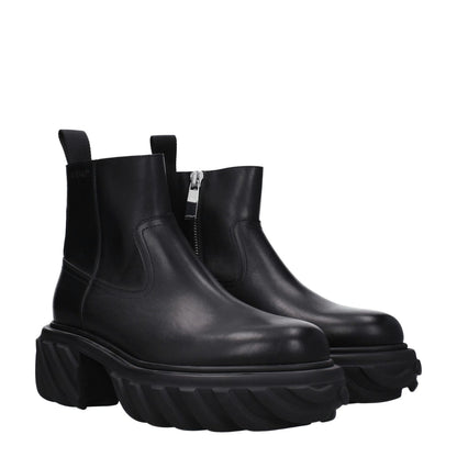 Off-White Black Leather Ankle Boots with side logo and zip closure, mid heels, round toe, rubber sole, stylish and durable footwear.