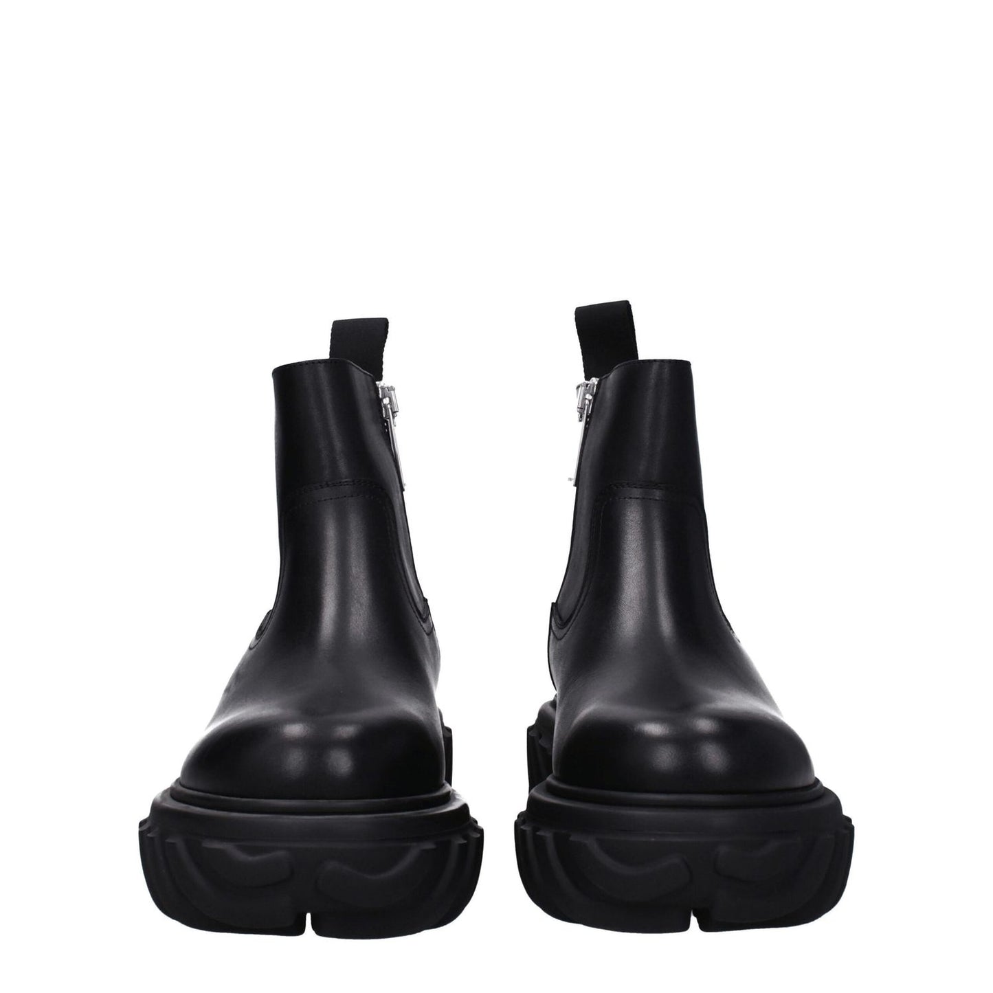 Front view of Off-White Black Leather Ankle Boots with zip closure and rubber soles.