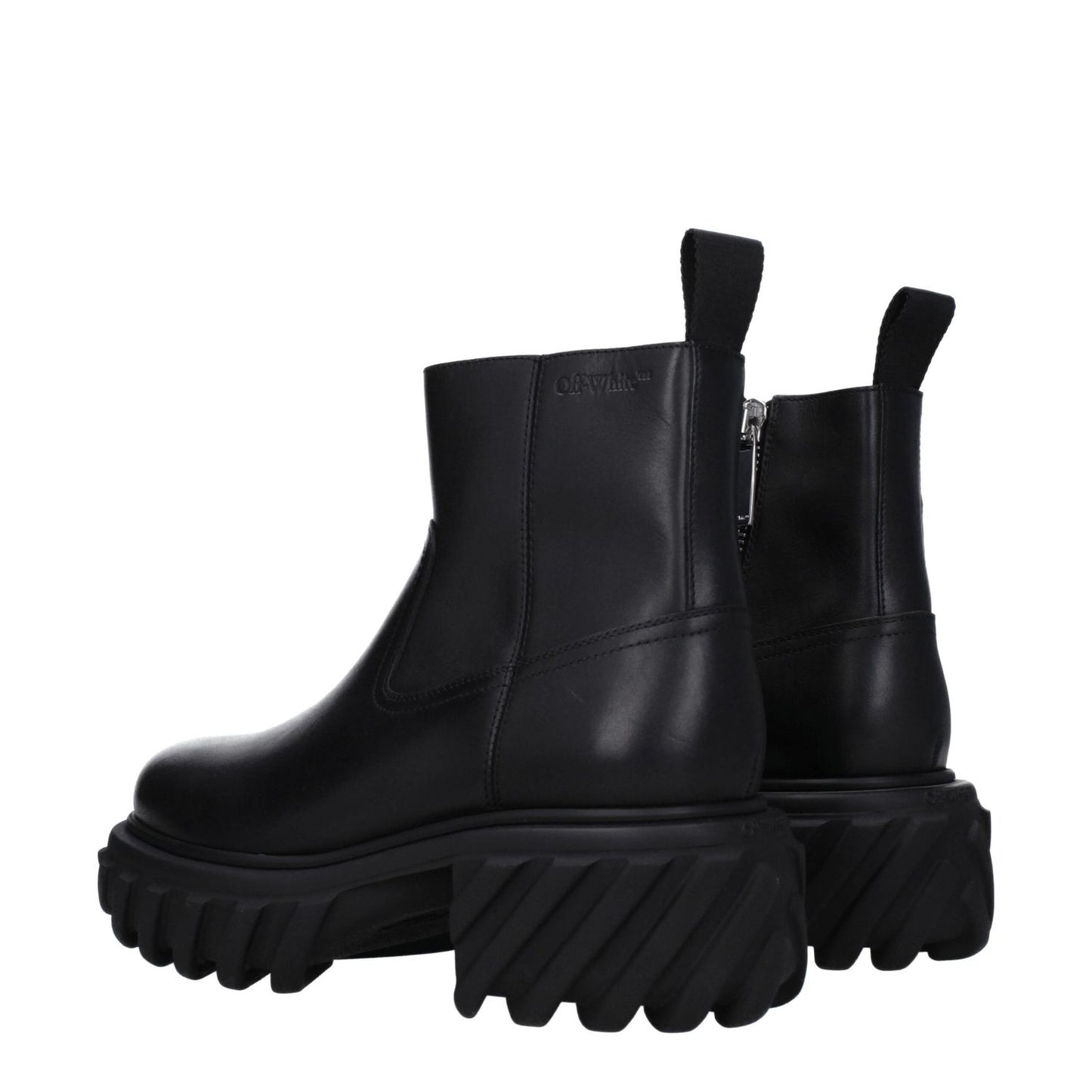 Off-White Black Leather Ankle Boots with side logo and zip closure, featuring mid heels with rubber sole and round toe design.