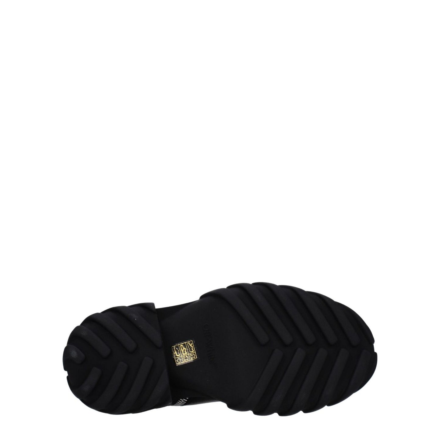 Sole view of Off-White Black Leather Ankle Boots with rubber sole and logo.