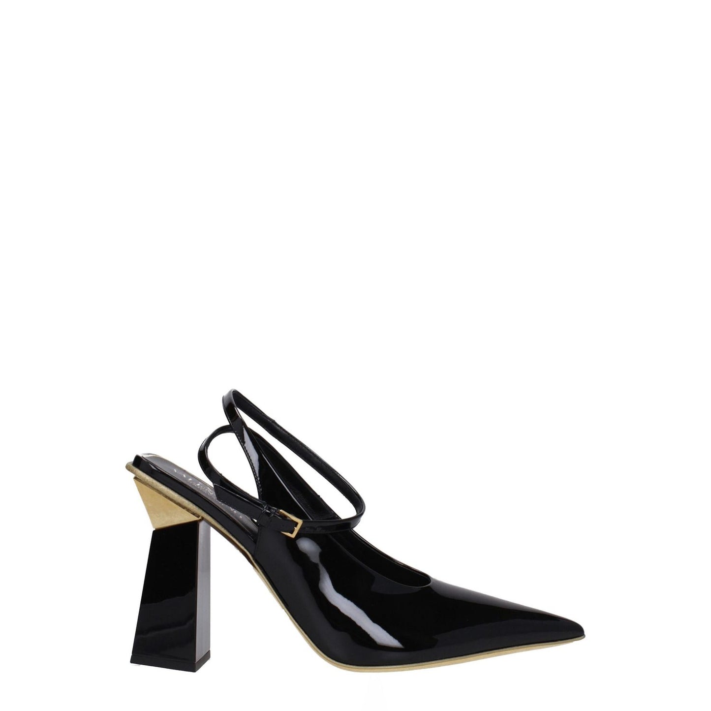 Valentino Garavani Black Leather Sandals, pointy toe, high heel, buckle closure, patent leather, luxury footwear.
