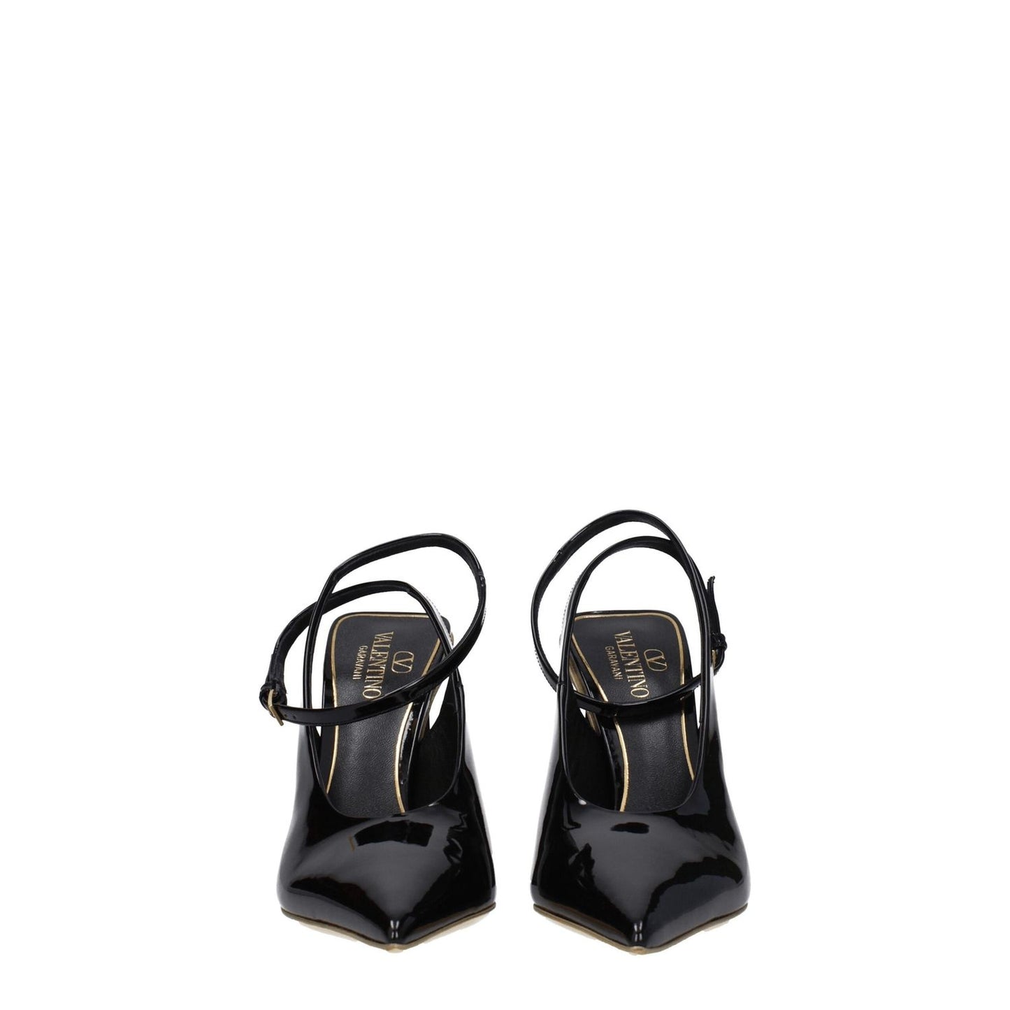 Valentino Garavani Black Leather Sandals with buckle closure and 10.5 cm high heel, front view of pointy toe design in patent leather.