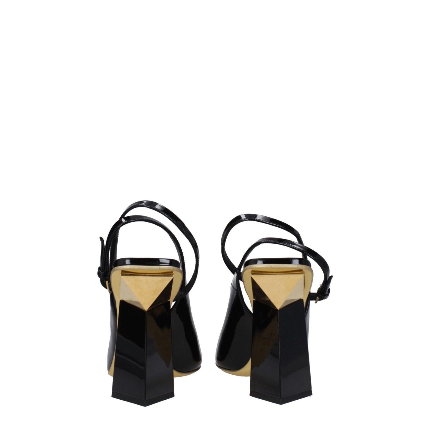 Valentino Garavani Black Leather Sandals with buckle closure and high heels in patent leather, showing elegant and modern design.