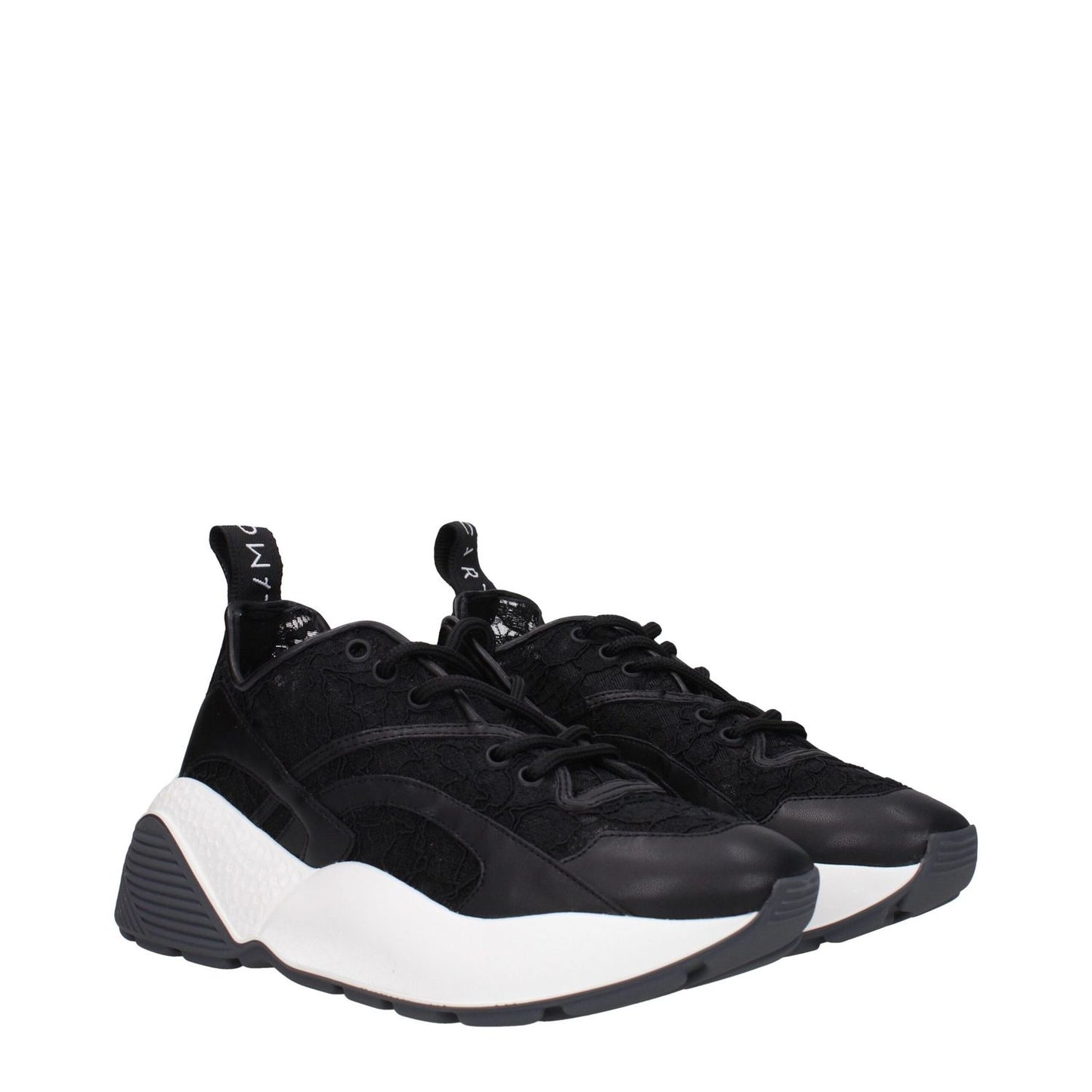 Stella McCartney Black Fabric Chunky Sneakers with lace-up closure, rubber sole, and mid heel, featuring a round toe and back logo.