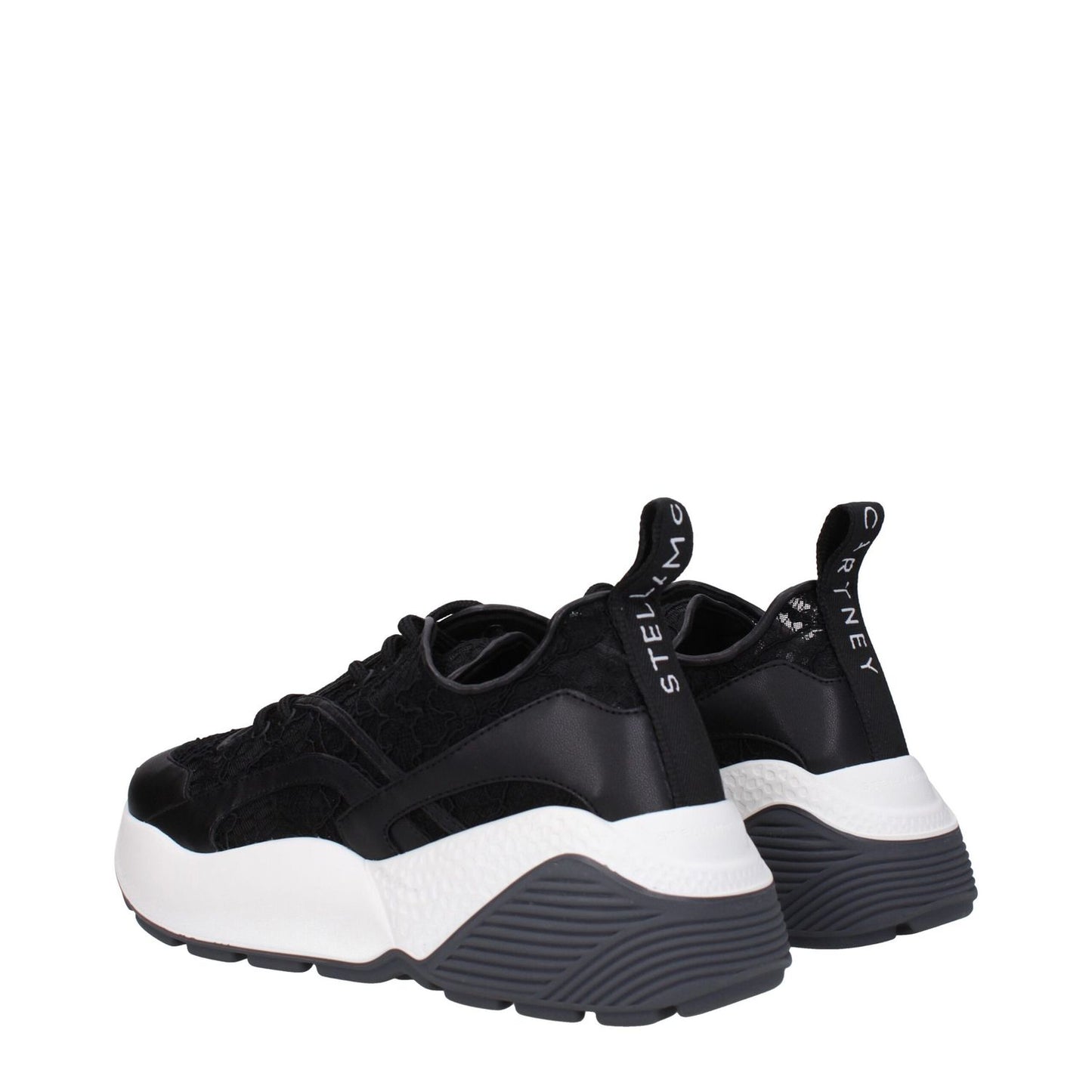 Stella McCartney Black Fabric Chunky Sneakers with lace-up closure, rubber sole, and mid heels, featuring a back logo.