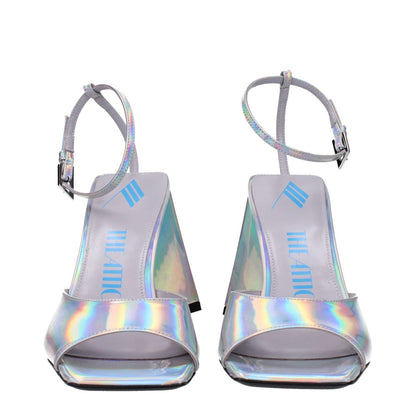The Attico Gray Leather Platform Sandals with silver eco leather, open toe, high heel, and buckle closure, front view.
