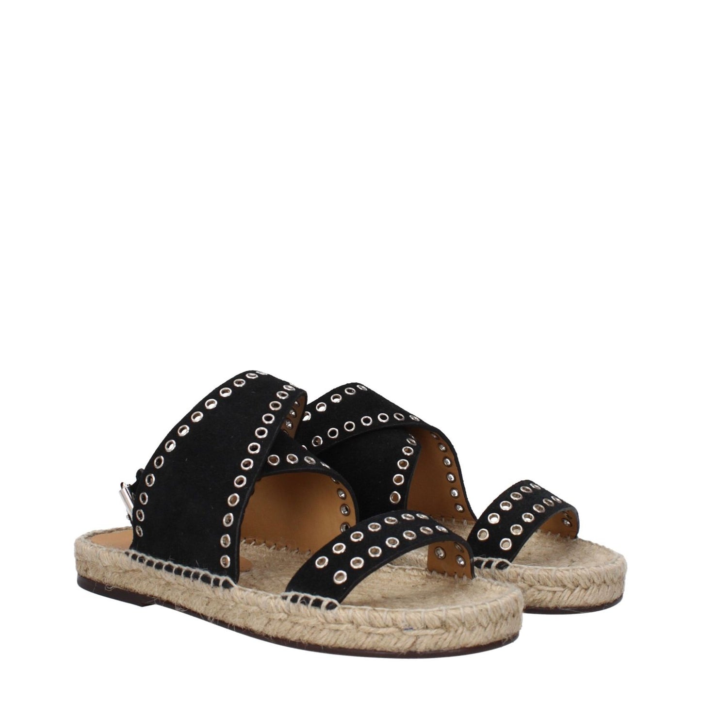 Isabel Marant Black Leather Flat Sandals with buckle closure, silver studs, and open toe design.