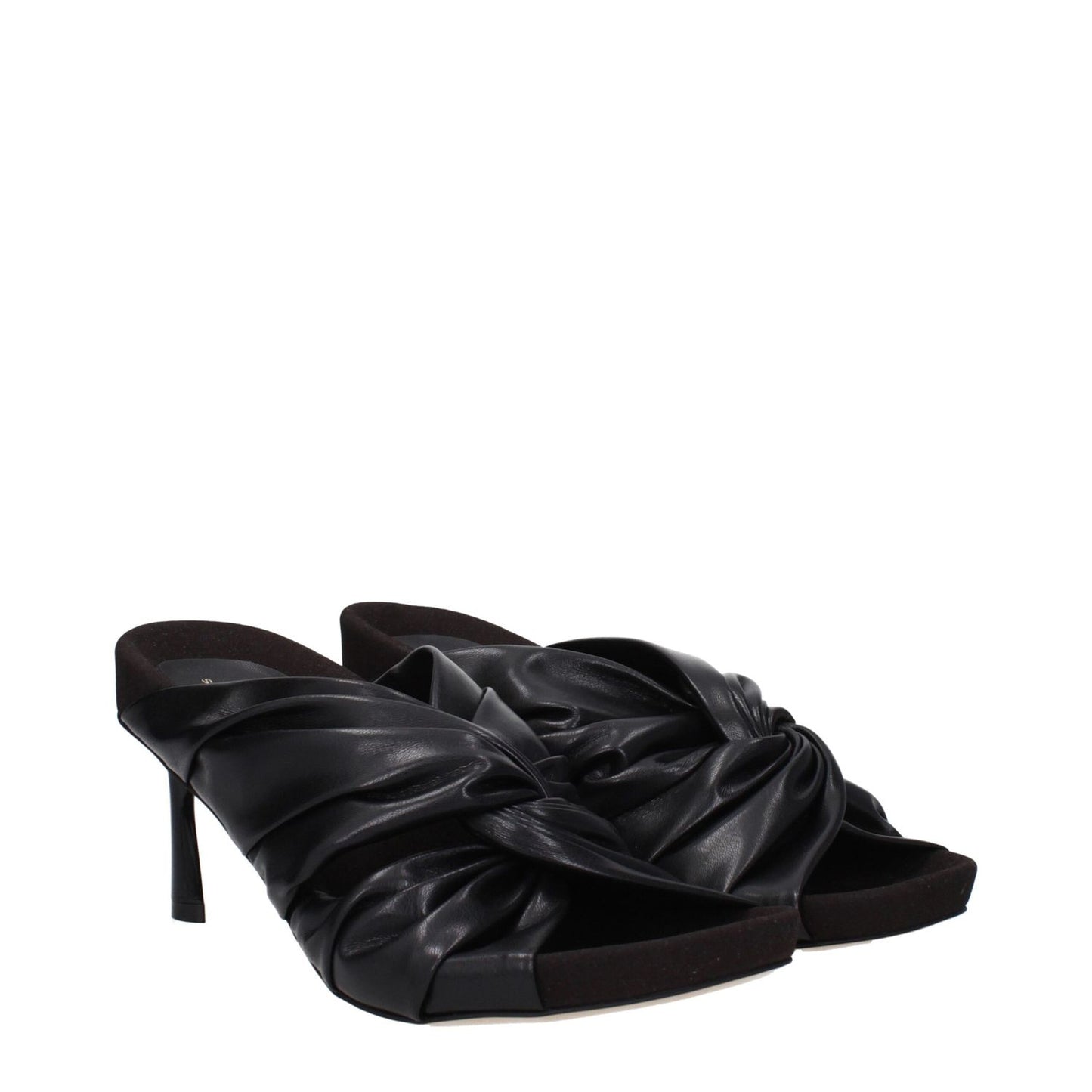 Stella McCartney Black Leather Stiletto Heel Sandals, eco leather open-toe design with 7 cm mid heels and stylish knot detail.