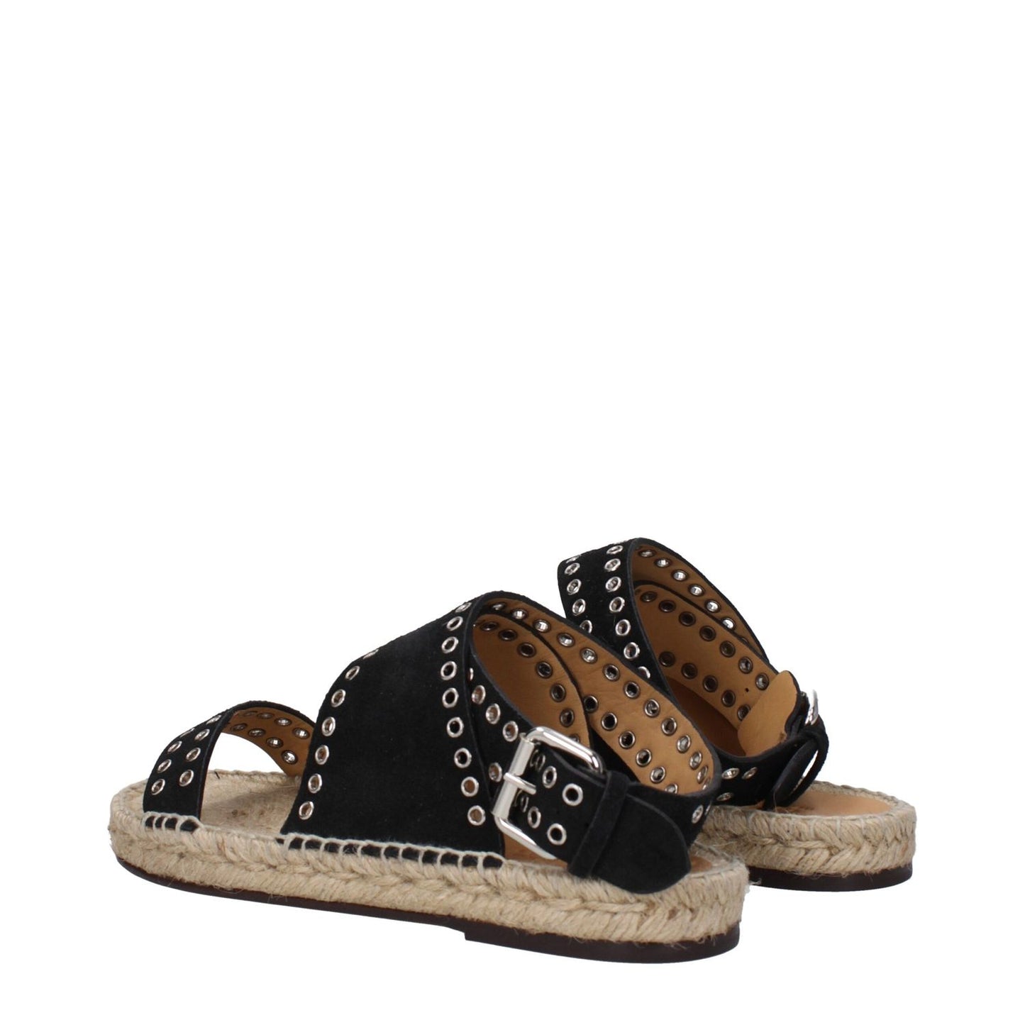 Isabel Marant Black Leather Flat Sandals with studs, open toe, and buckle closure; perfect for a stylish look.