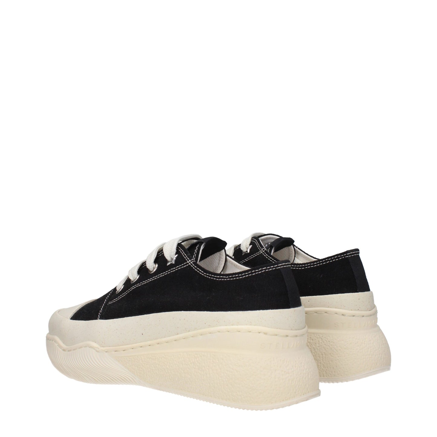 Stella McCartney Black Fabric Chunky Sneakers with lace-up closure and rubber sole, featuring a 5 cm wedge and logo detail.
