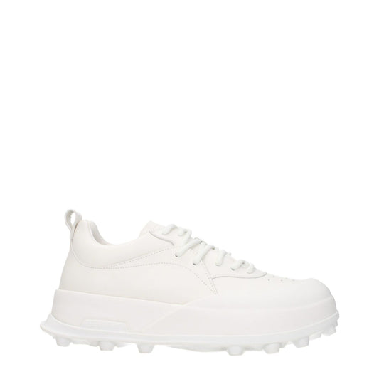 Jil Sander White Leather Sneakers, sporty glam design, lace-up closure, rubber sole, mid heel, round toe.
