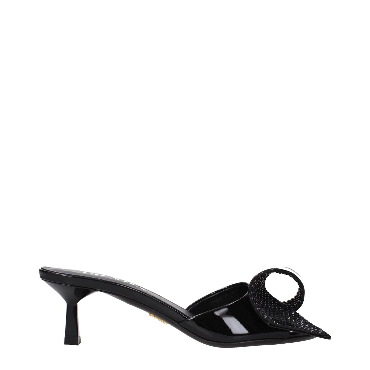 Prada Black Leather Sandals with open toe, mid heels, and patent leather design, featuring a stylish front detail and 5.5 cm heel height.