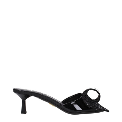 Prada Black Leather Sandals with open toe, mid heels, and patent leather design, featuring a stylish front detail and 5.5 cm heel height.