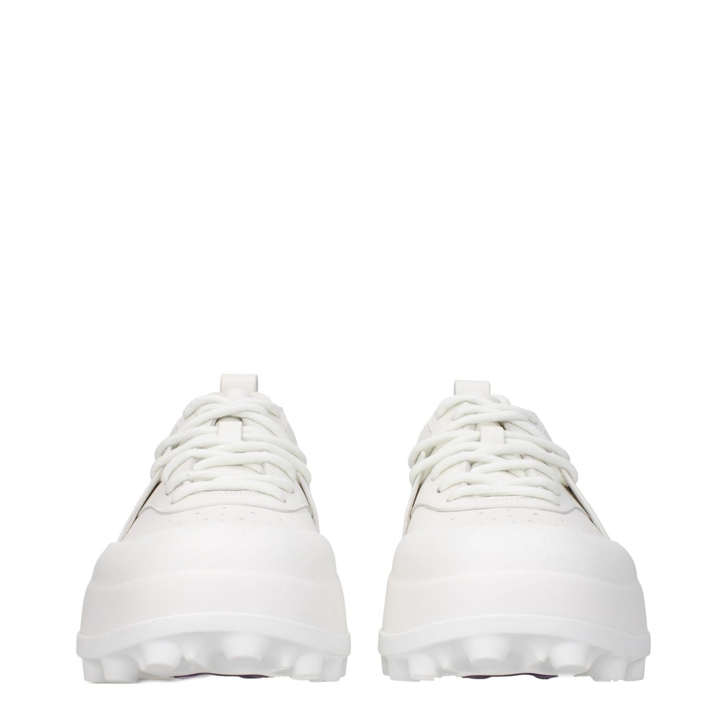 Jil Sander White Leather Sneakers with rubber sole, round toe, and mid heels. Sporty glam style with lace-up closure. MPN WS0040P6244102.