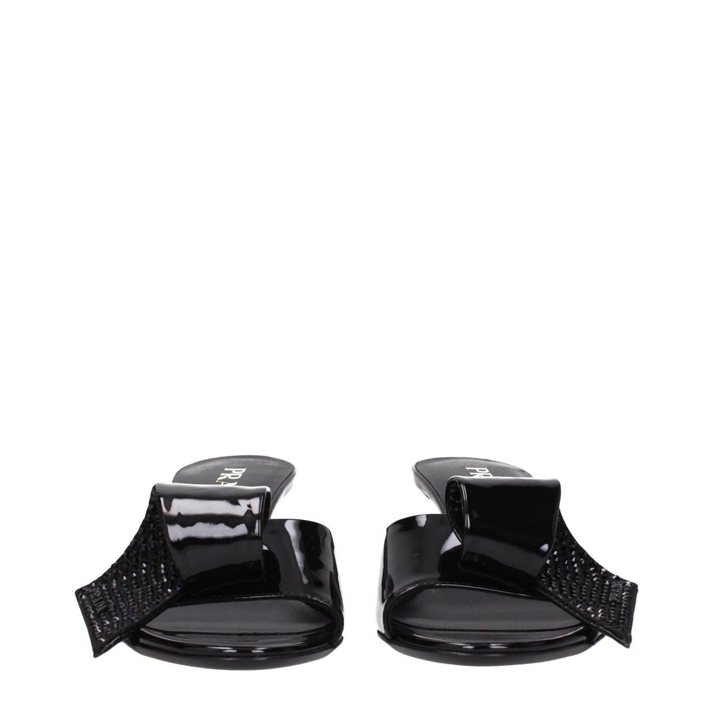 Prada Black Leather Sandals with front detail, open toe, mid heels, and leather sole for casual wear. Heel height: 5.5 cm.