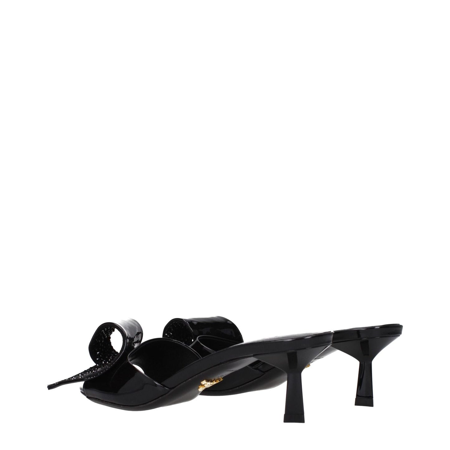 Prada Black Leather Sandals with open toe and mid heels, patent leather design, stylish front detail, and leather sole for casual wear.