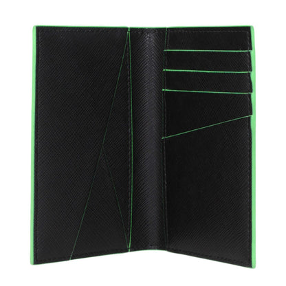 Off-White Black Leather Cardholder with Fluo Green Trim, featuring nine card slots, front and back logo, measuring 1.5×7.5×11.5 cm.