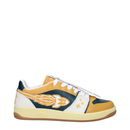 Enterprise Japan Green Leather Low Top Sneakers with front logo, mustard accents, lace-up closure, and rubber sole, side view.