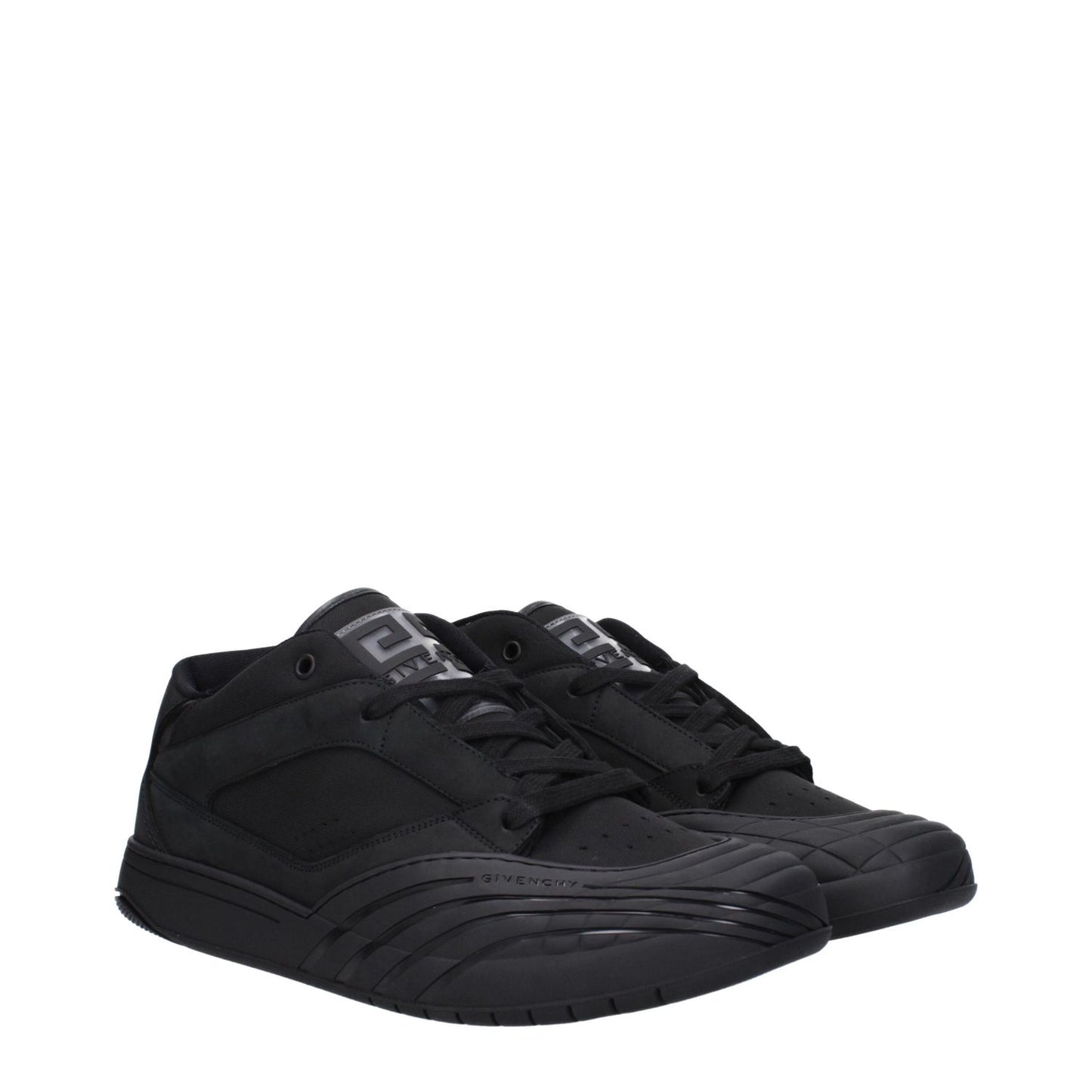 Givenchy Black Fabric Low Top Sneakers with front, side, and back logos, lace-up closure, rubber sole, round toe, and low flat heel.