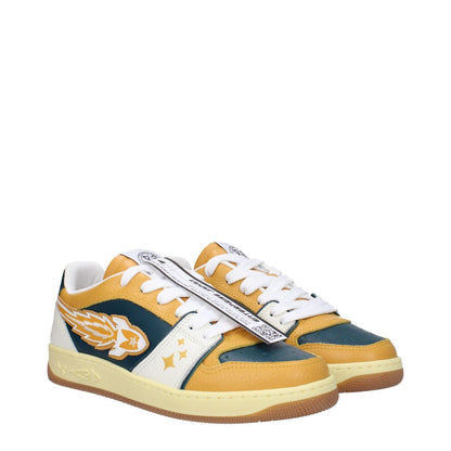 Enterprise Japan Green Leather Low Top Sneakers with mustard highlights, lace-up closure, rubber sole, round toe, front and back detail.
