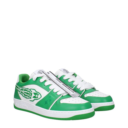 Enterprise Japan Green Leather Low Top Sneakers with front logo, lace-up closure, rubber sole, and white accents.