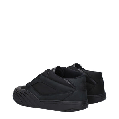 Givenchy Black Fabric Low Top Sneakers featuring side and back logos, lace-up closure, rubber sole, round toe, low flat heel, casual style.