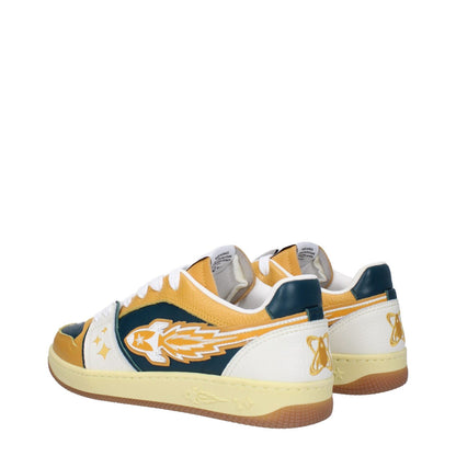 Enterprise Japan Green Leather Low Top Sneakers with mustard accents, featuring front and back detail, lace-up closure, and rubber sole.