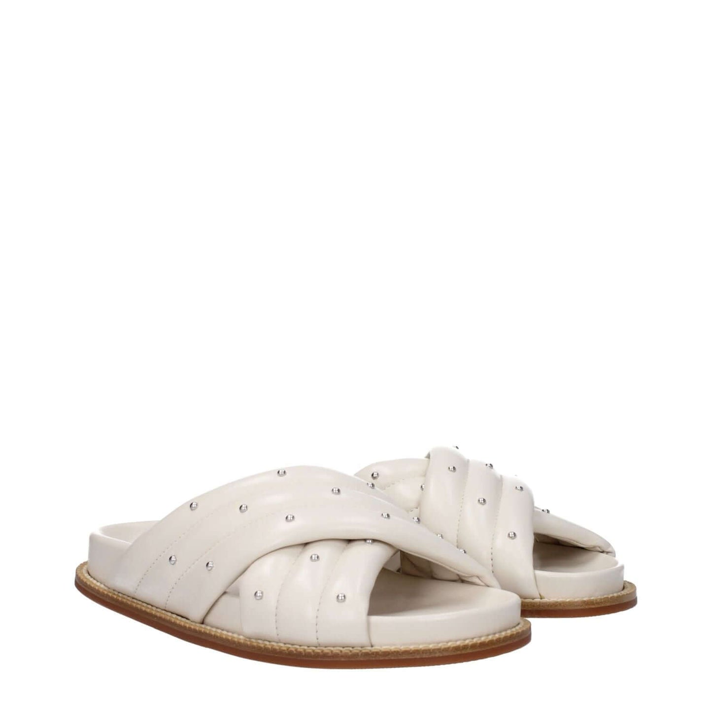 Fabiana Filippi Beige Leather Slippers with studs, open toe, rubber sole, and ivory accents for a casual style.