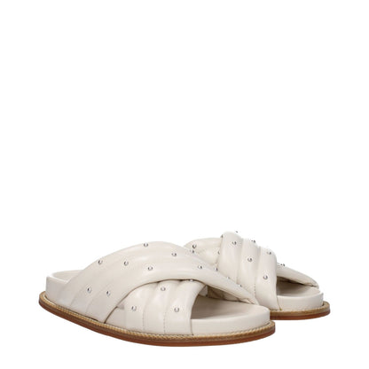 Fabiana Filippi Beige Leather Slippers with studs, open toe, rubber sole, and ivory accents for a casual style.
