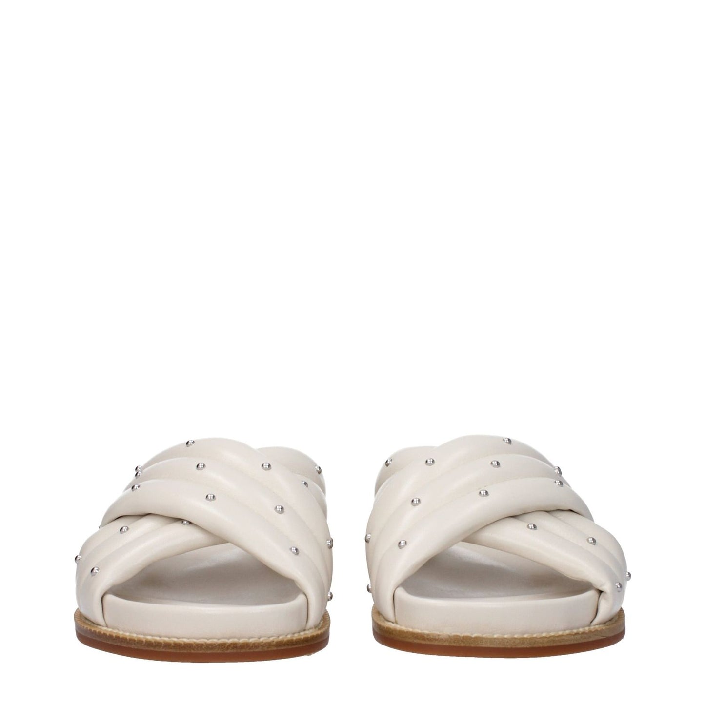 Fabiana Filippi Beige Leather Slippers with studs, open toe design, rubber sole, and low flat heel, showcasing casual style in ivory.
