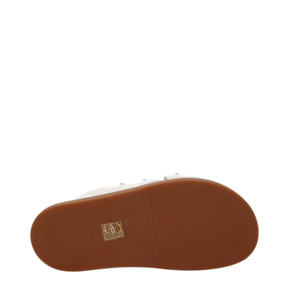 Sole of Fabiana Filippi Beige Leather Slippers with rubber sole showing brand logo, casual style, open toe, and stud details.
