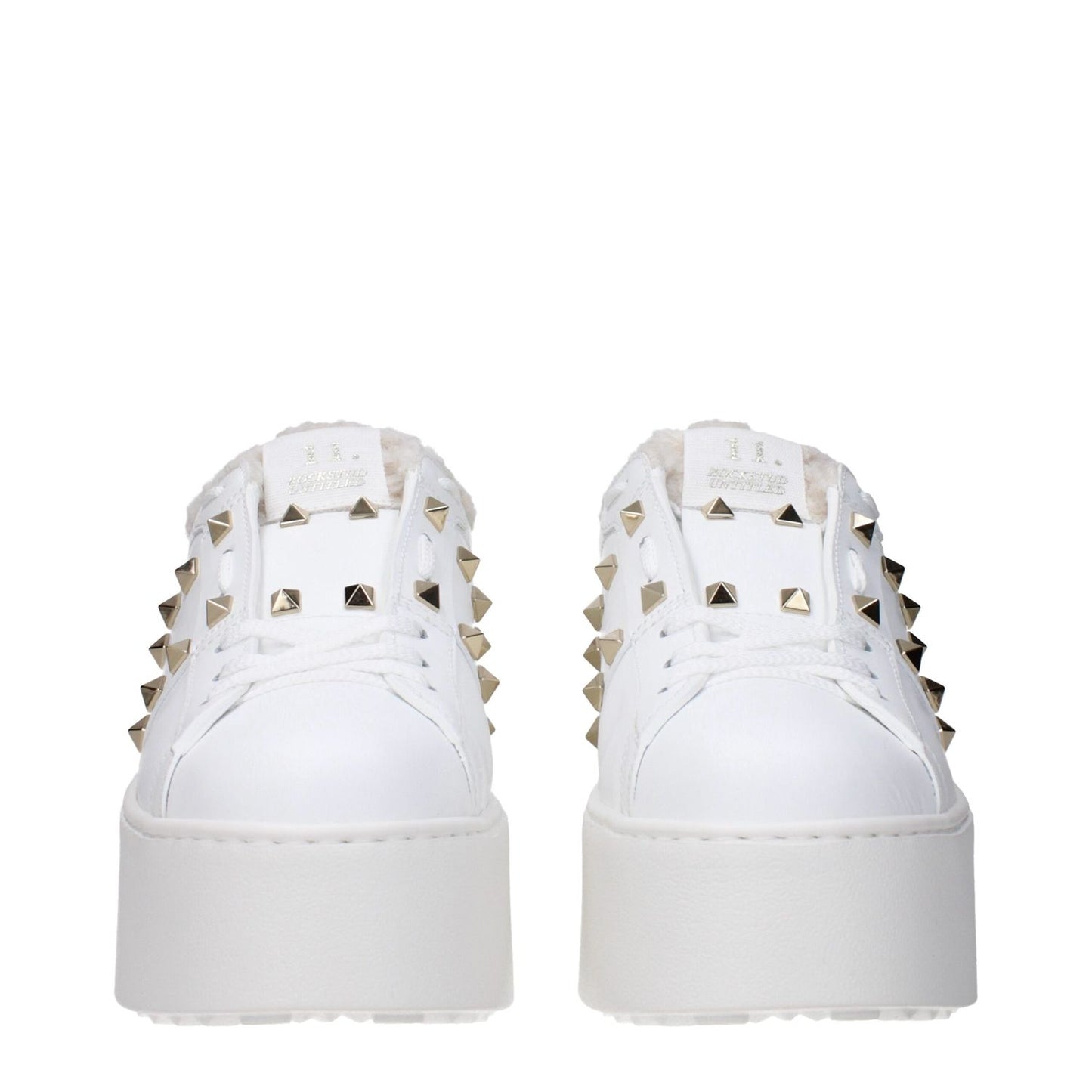 Valentino Garavani White Leather Platform Sneakers with studs, lace-up design, and rubber sole featuring wedge heel for casual style.