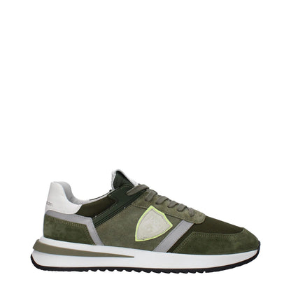 Philippe Model Green Leather Athletic Sneakers with suede details, logos on front and back, lace-up closure, rubber sole, and 4 cm heel.