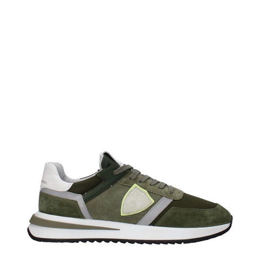 Philippe Model Green Leather Athletic Sneakers with suede details, logos on front and back, lace-up closure, rubber sole, and 4 cm heel.
