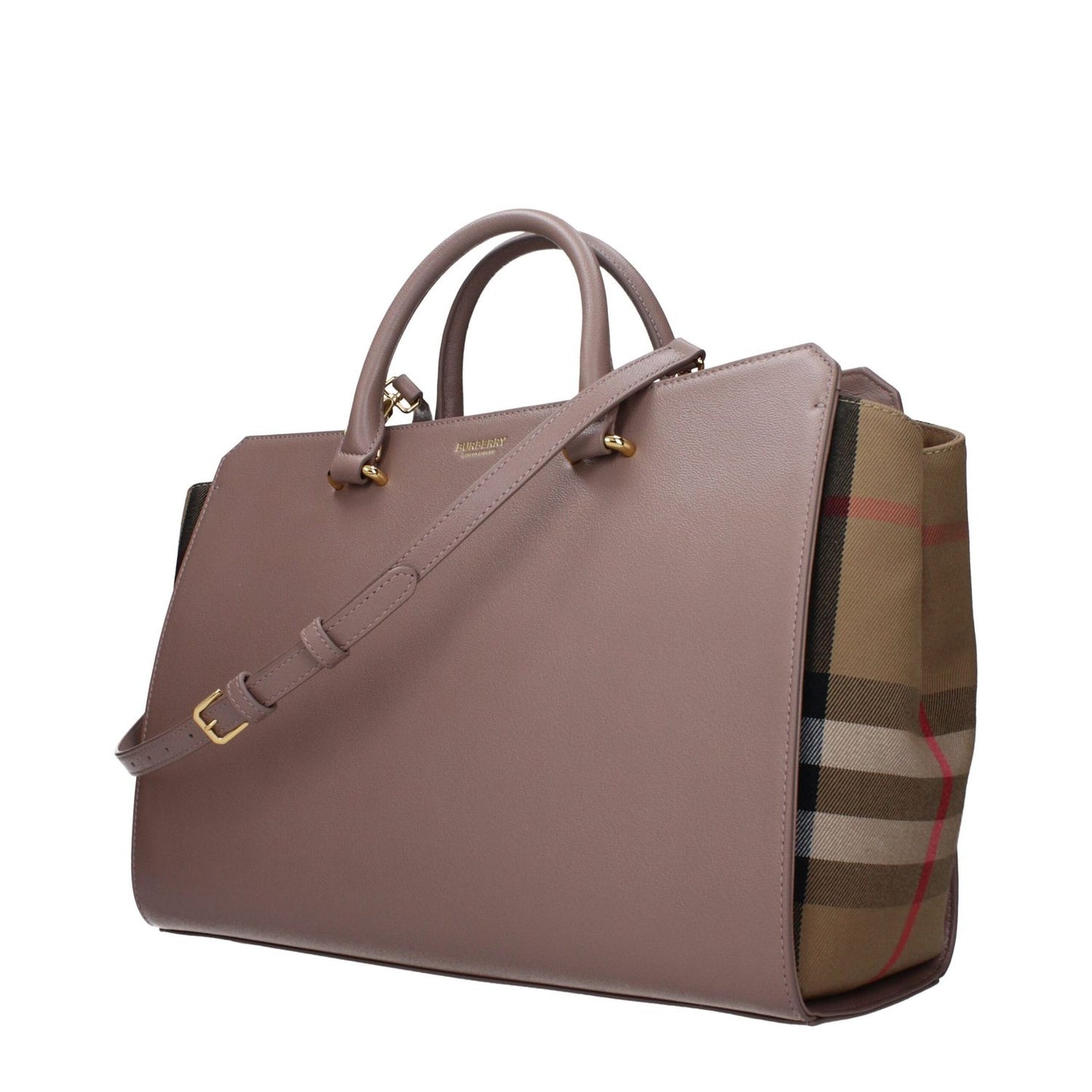 Burberry Gray Leather Handbag with adjustable and removable shoulder strap, featuring a front logo design, side view.