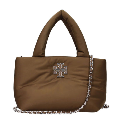 Tory Burch Brown Fabric Handbag with front logo and adjustable removable shoulder strap.