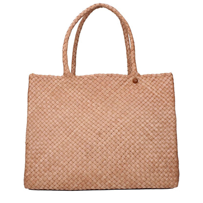 Large woven beige tote bag with handles on a white background.