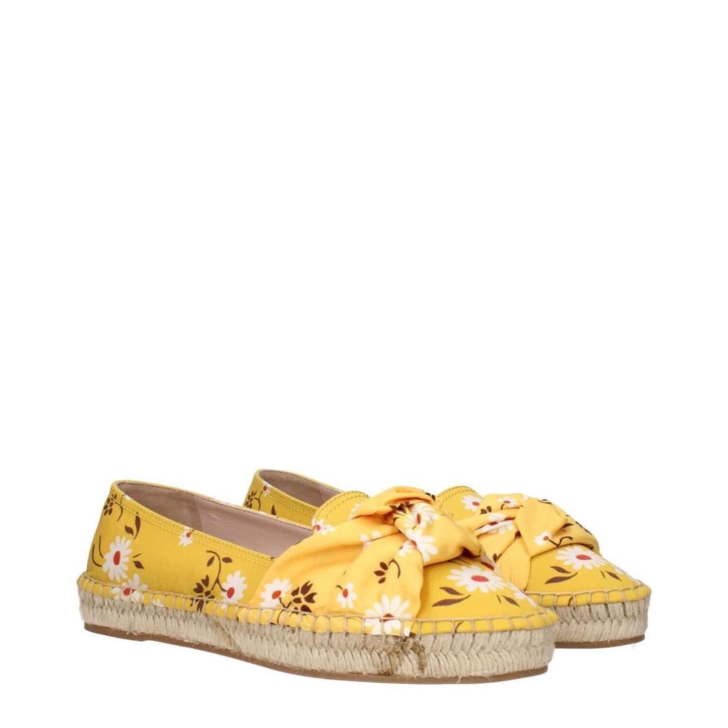 Miu Miu Yellow Fabric Espadrilles with floral design and front detail.